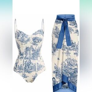 Elegant Blue and White One-Piece Swimsuit